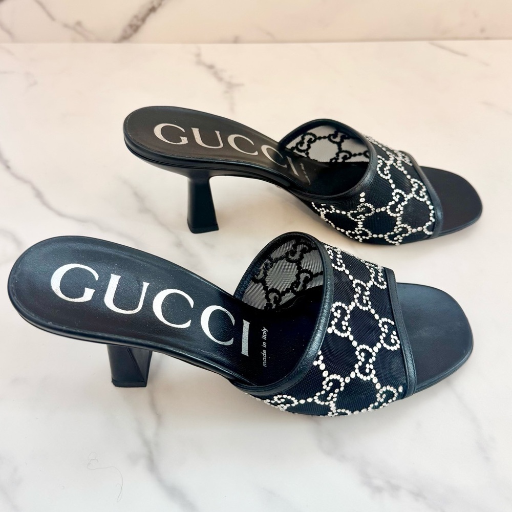 Gucci Black Demi Mesh Crystal Sandal Heels 38 - Picture 5 of 7